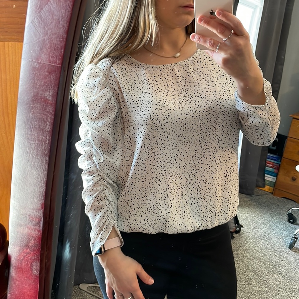 S/M white polkadotted long-sleeved thin shirt